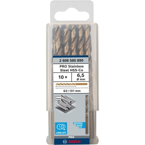 Broca helicoidal PRO Stainless Steel HSS-Co, 6,5 x 63 x 101 mm, 10 unidades