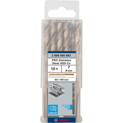 Broca helicoidal PRO Stainless Steel HSS-Co, 7 x 69 x 109 mm, 10 unidades