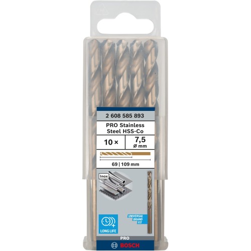 Broca helicoidal PRO Stainless Steel HSS-Co, 7,5 x 69 x 109 mm, 10 unidades
