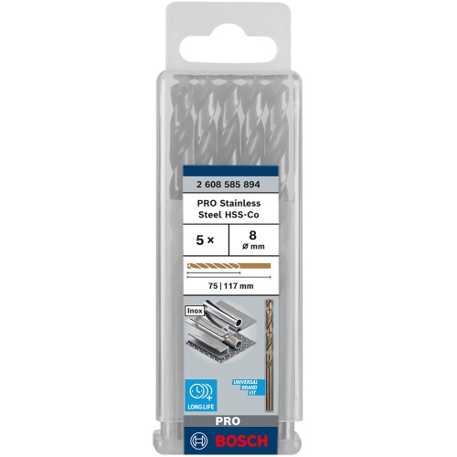 Broca helicoidal PRO Stainless Steel HSS-Co, 8 x 75 x 117 mm, 5 unidades