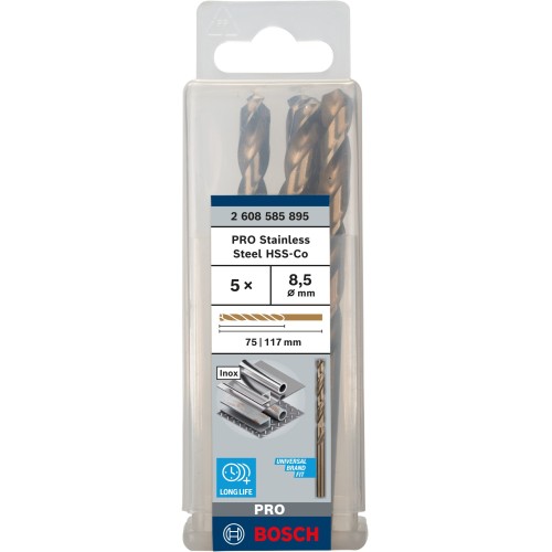 Broca helicoidal PRO Stainless Steel HSS-Co, 8,5 x 75 x 117 mm, 5 unidades
