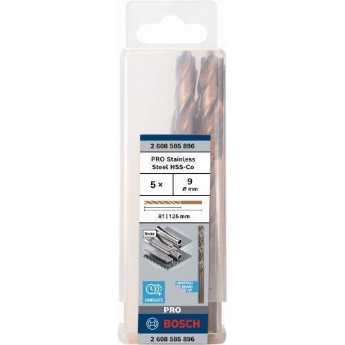 Broca helicoidal PRO Stainless Steel HSS-Co, 9 x 81 x 125 mm, 5 unidades