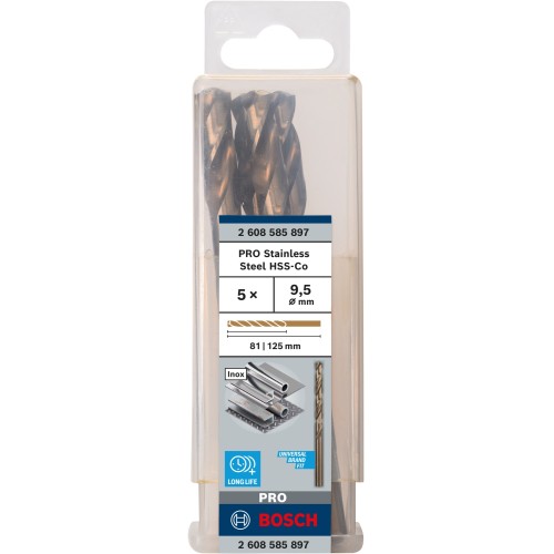 Broca helicoidal PRO Stainless Steel HSS-Co, 9,5 x 81 x 125 mm, 5 unidades