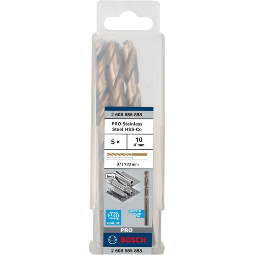 Broca helicoidal PRO Stainless Steel HSS-Co, 10 x 87 x 133 mm, 5 unidades