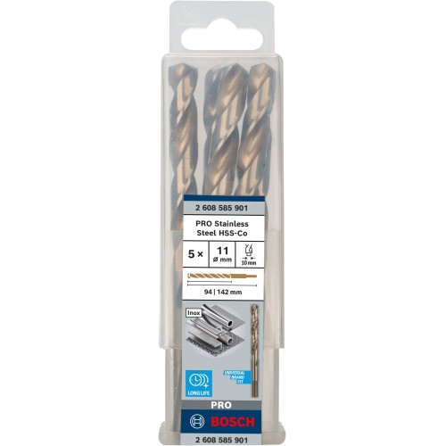 Broca helicoidal PRO Stainless Steel HSS-Co, 11 x 94 x 142 mm, 5 unidades