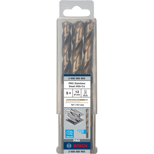 Broca helicoidal PRO Stainless Steel HSS-Co, 12 x 101 x 151 mm, 5 unidades
