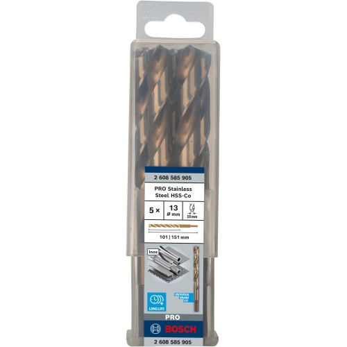 Broca helicoidal PRO Stainless Steel HSS-Co, 13 x 101 x 151 mm, 5 unidades