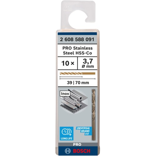 Broca helicoidal PRO Stainless Steel HSS-Co, 3,7 x 39 x 70 mm, 10 unidades
