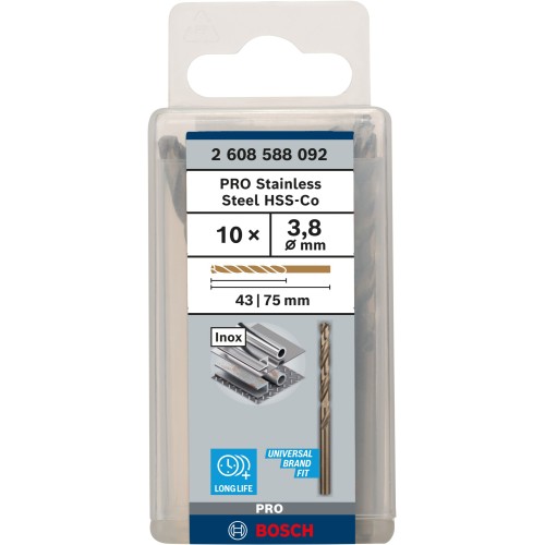 Broca helicoidal PRO Stainless Steel HSS-Co, 3,8 x 43 x 75 mm, 10 unidades