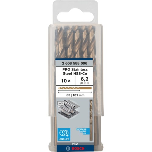 Broca helicoidal PRO Stainless Steel HSS-Co, 6,2 x 63 x 101 mm, 10 unidades
