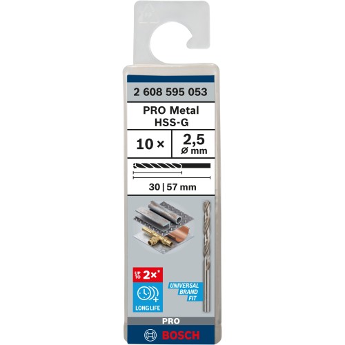 Broca helicoidal PRO Metal HSS-G, longitud estándar, 2,5 x 30 x 57 mm, 10 unidades