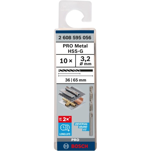 Broca helicoidal PRO Metal HSS-G, longitud estándar, 3,2 x 36 x 65 mm, 10 unidades