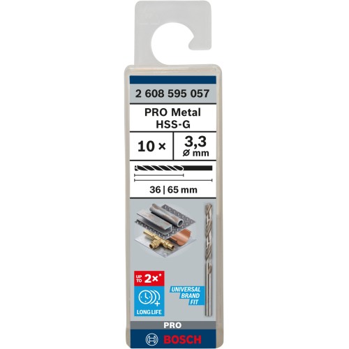 Broca helicoidal PRO Metal HSS-G, longitud estándar, 3,3 x 36 x 65 mm, 10 unidades