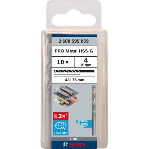 Broca helicoidal PRO Metal HSS-G, longitud estándar, 4 x 43 x 75 mm, 10 unidades