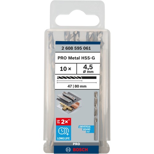 Broca helicoidal PRO Metal HSS-G, longitud estándar, 4,5 x 47 x 80 mm, 10 unidades