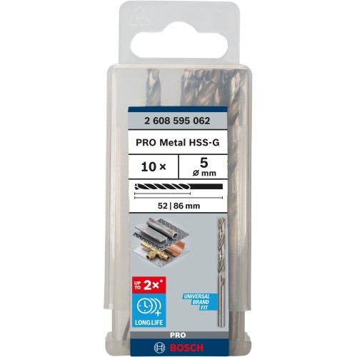 Broca helicoidal PRO Metal HSS-G, longitud estándar, 5 x 52 x 86 mm, 10 unidades