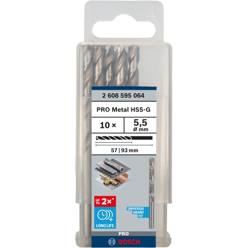 Broca helicoidal PRO Metal HSS-G, longitud estándar, 5,5 x 57 x 93 mm, 10 unidades