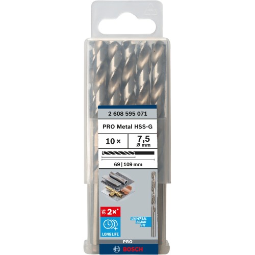 Broca helicoidal PRO Metal HSS-G, longitud estándar, 7,5 x 69 x 109 mm, 10 unidades