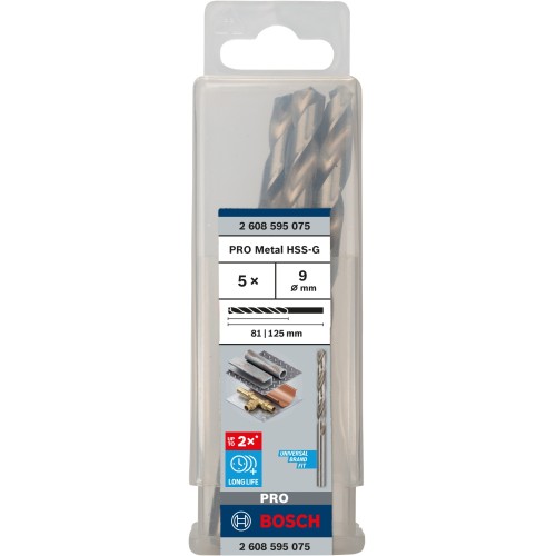 Broca helicoidal PRO Metal HSS-G, longitud estándar, 9 x 81 x 125 mm, 5 unidades