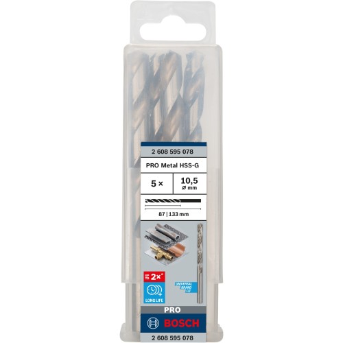 Broca helicoidal PRO Metal HSS-G, longitud estándar, 10,5 x 87 x 133 mm, 5 unidades