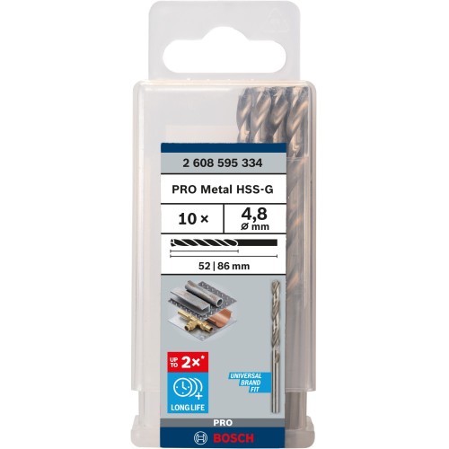 Broca helicoidal PRO Metal HSS-G, longitud estándar, 4,8 x 52 x 86 mm, 10 unidades
