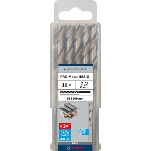 Broca helicoidal PRO Metal HSS-G, longitud estándar, 7,2 x 69 x 109 mm, 10 unidades