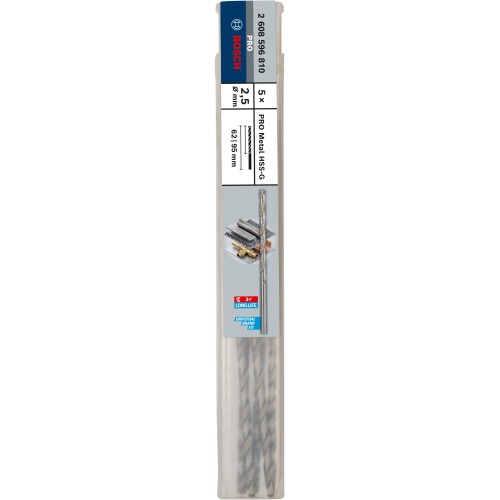 Broca helicoidal PRO Metal HSS-G larga, 2,5 x 62 x 95 mm, 5 unidades