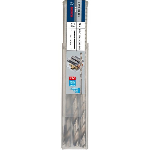 Broca helicoidal PRO Metal HSS-G larga, 7,5 x 102 x 156 mm, 5 unidades