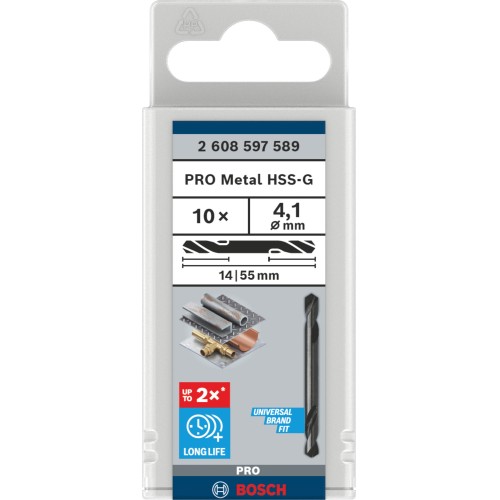Broca helicoidal de doble punta PRO Metal HSS-G, 4,1 x 14 x 55 mm, 10 uds.