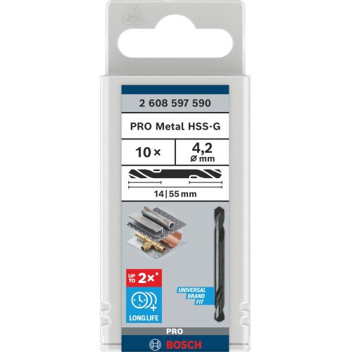 Broca helicoidal de doble punta PRO Metal HSS-G, 4,2 x 14 x 55 mm, 10 uds.