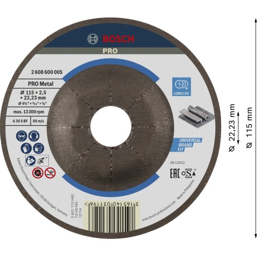 Disco de corte abrasivo PRO Metal, 115 x 2,5 x 22,23 mm, cóncavo, oSa