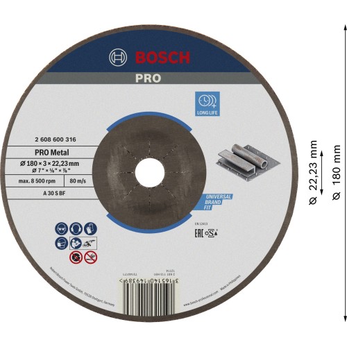 Disco de corte abrasivo PRO Metal, 180 x 3 x 22,23 mm, oSa