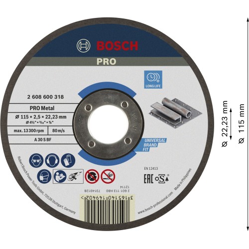 Disco de corte abrasivo PRO Metal, 115 x 2,5 x 22,23 mm, oSa