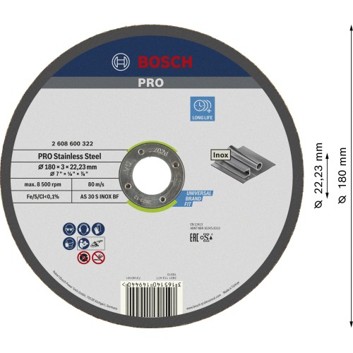 Disco de corte PRO Stainless Steel, 180 x 3 x 22,23 mm