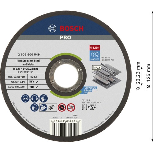 Disco de corte abrasivo PRO Stainless Steel and Metal, 125 x 1 x 22,23 mm, recto