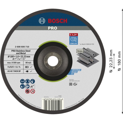 Disco de corte abrasivo PRO Stainless Steel and Metal, 180 x 1,6 x 22,23 mm, cóncavo, oSa