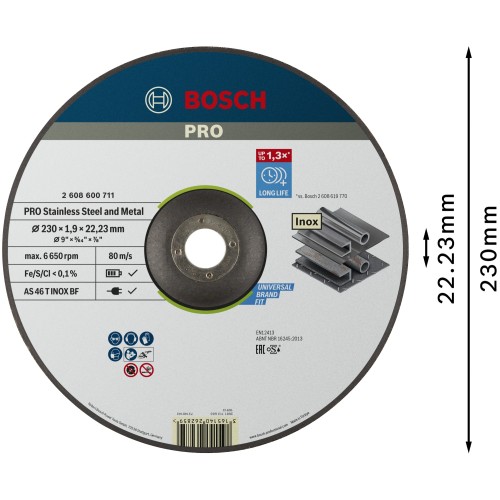 Disco de corte abrasivo PRO Stainless Steel and Metal, 230 x 1,9 x 22,23 mm, cóncavo