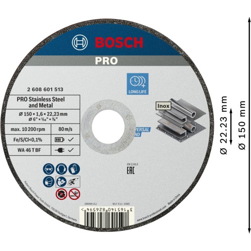 Disco de corte abrasivo PRO Stainless Steel and Metal, 150 x 1,6 x 22,23 mm, recto