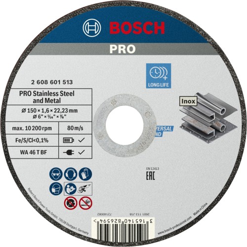 Disco de corte abrasivo PRO Stainless Steel and Metal, 150 x 1,6 x 22,23 mm, recto