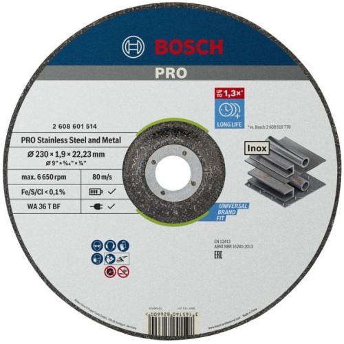 Disco de corte abrasivo PRO Stainless Steel and Metal, 230 x 1,9 x 22,23 mm, cóncavo