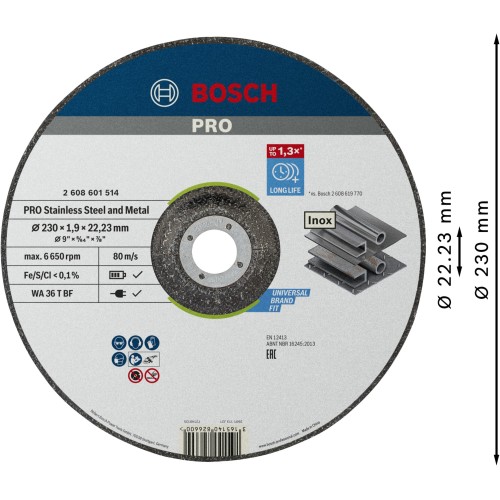 Disco de corte abrasivo PRO Stainless Steel and Metal, 230 x 1,9 x 22,23 mm, cóncavo