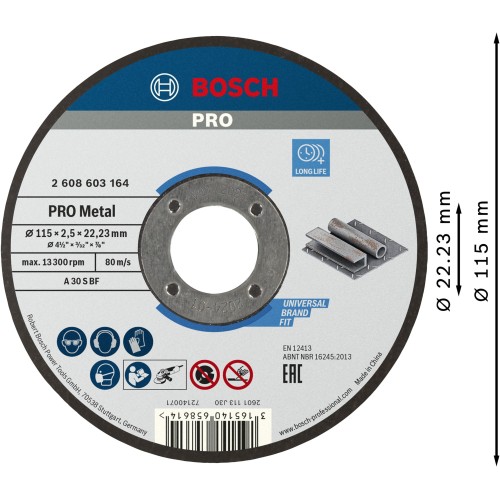 Disco de corte abrasivo PRO Metal, 115 x 2,5 x 22,23 mm