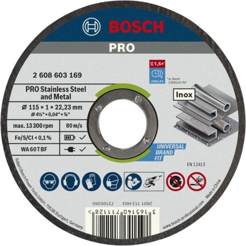 Disco de corte abrasivo PRO Stainless Steel and Metal, 115 x 1 x 22,23 mm, recto