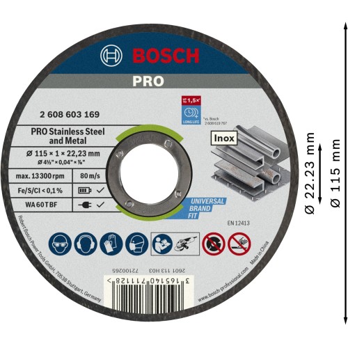 Disco de corte abrasivo PRO Stainless Steel and Metal, 115 x 1 x 22,23 mm, recto