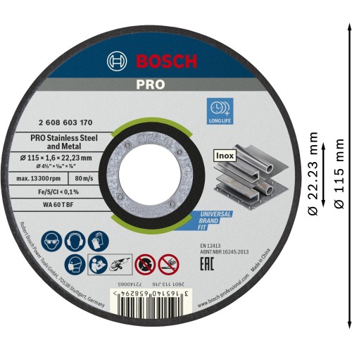 Disco de corte abrasivo PRO Stainless Steel and Metal, 115 x 1,6 x 22,23 mm, recto