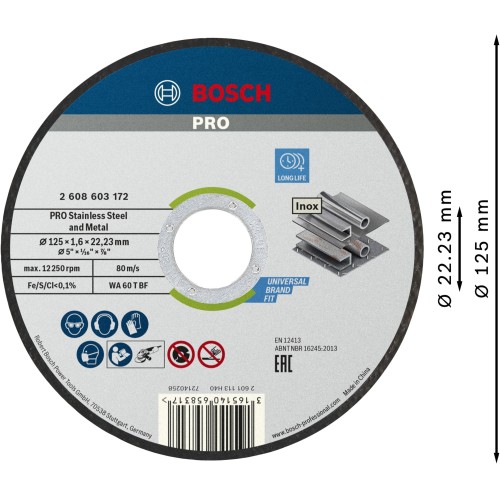 Disco de corte abrasivo PRO Stainless Steel and Metal, 125 x 1,6 x 22,23 mm, recto