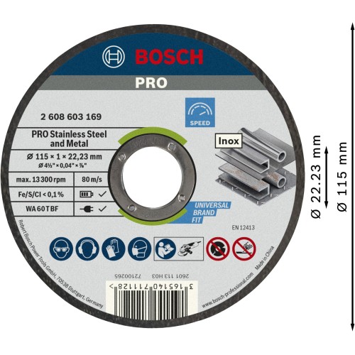 Disco de corte abrasivo PRO Stainless Steel and Metal, 115 x 1 x 22,23 mm, recto, 10 unidades