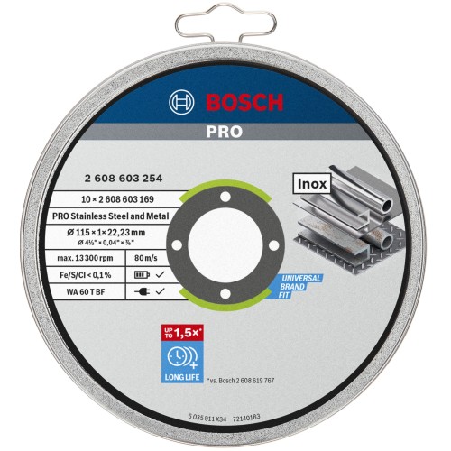 Disco de corte abrasivo PRO Stainless Steel and Metal, 115 x 1 x 22,23 mm, recto, 10 unidades