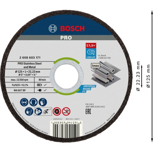 Disco de corte abrasivo PRO Stainless Steel and Metal, 125 x 1 x 22,23 mm, recto, 10 unidades
