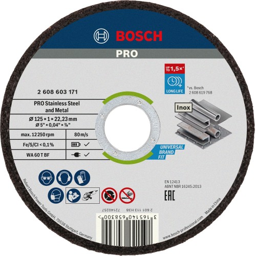 Disco de corte abrasivo PRO Stainless Steel and Metal, 125 x 1 x 22,23 mm, recto, 10 unidades
